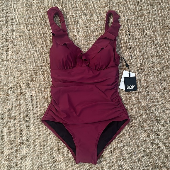 New DKNY Ruffle Plunge Underwire TummyControl One Piece Swimsuit Burgundy Size 6 - Picture 4 of 11